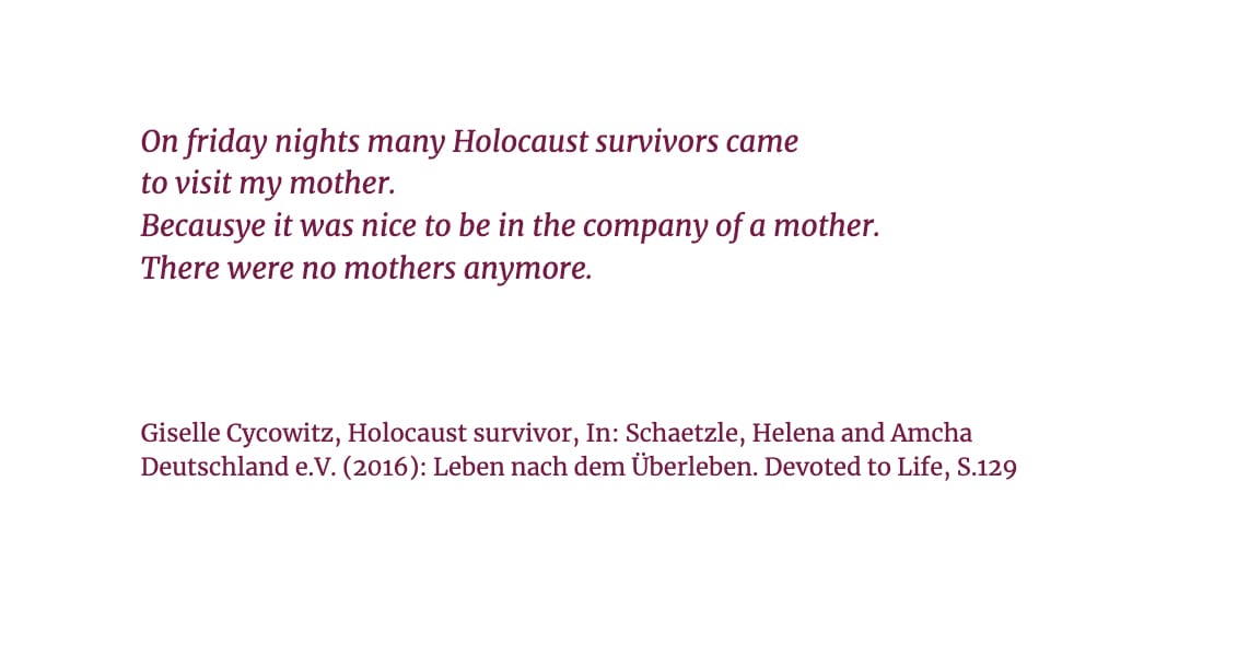 Quoted from the book Devoted to Life about the lives of Holocaust survivors and their families in Israel, book by Helena Schätzle und Amcha Deutschland e.V. (5)